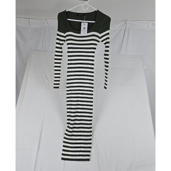 MEROKEETY Ribbed Knit Striped Women's Midi Sweater Dress Green White S Side Slit - Picture 3 of 10